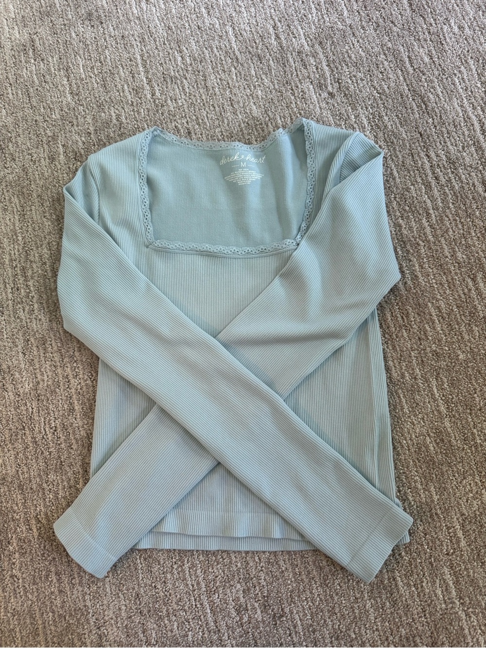 Derek Heart Light Blue Ribbed Lace-Trim Long Sleeve Top